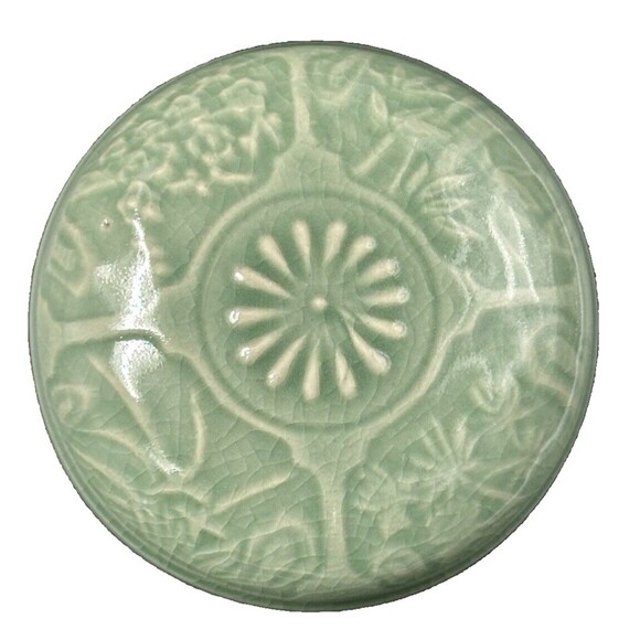 Celadon Porcelain Bamboo Floral Design Signed Caddy Pot Jar made in Korea 3 pc - Picture 2 of 12